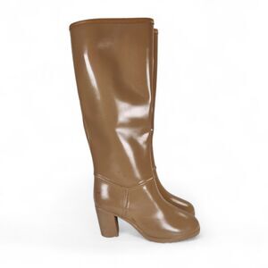Vintage 70s Servus Tall Rain Boots Size 6 Tan Rubber Low Block Heel Lug Sole